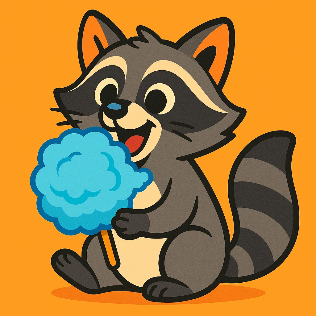 playful raccoon munching on fluffy blue cotton candy, vibrant colors, cartoon style emoji