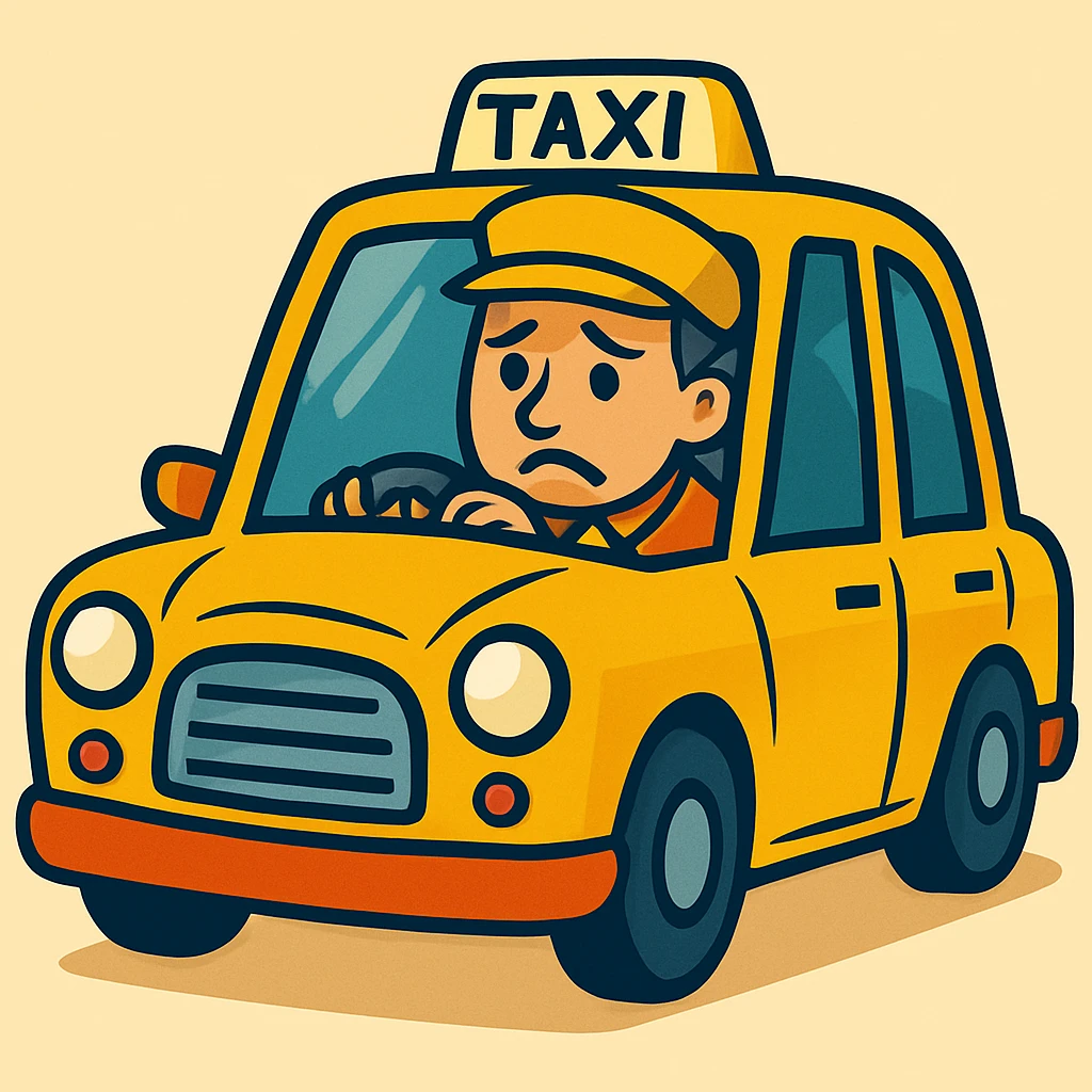 Cabbie in yellow taxi with a sad expression, vibrant cartoon style. emoji