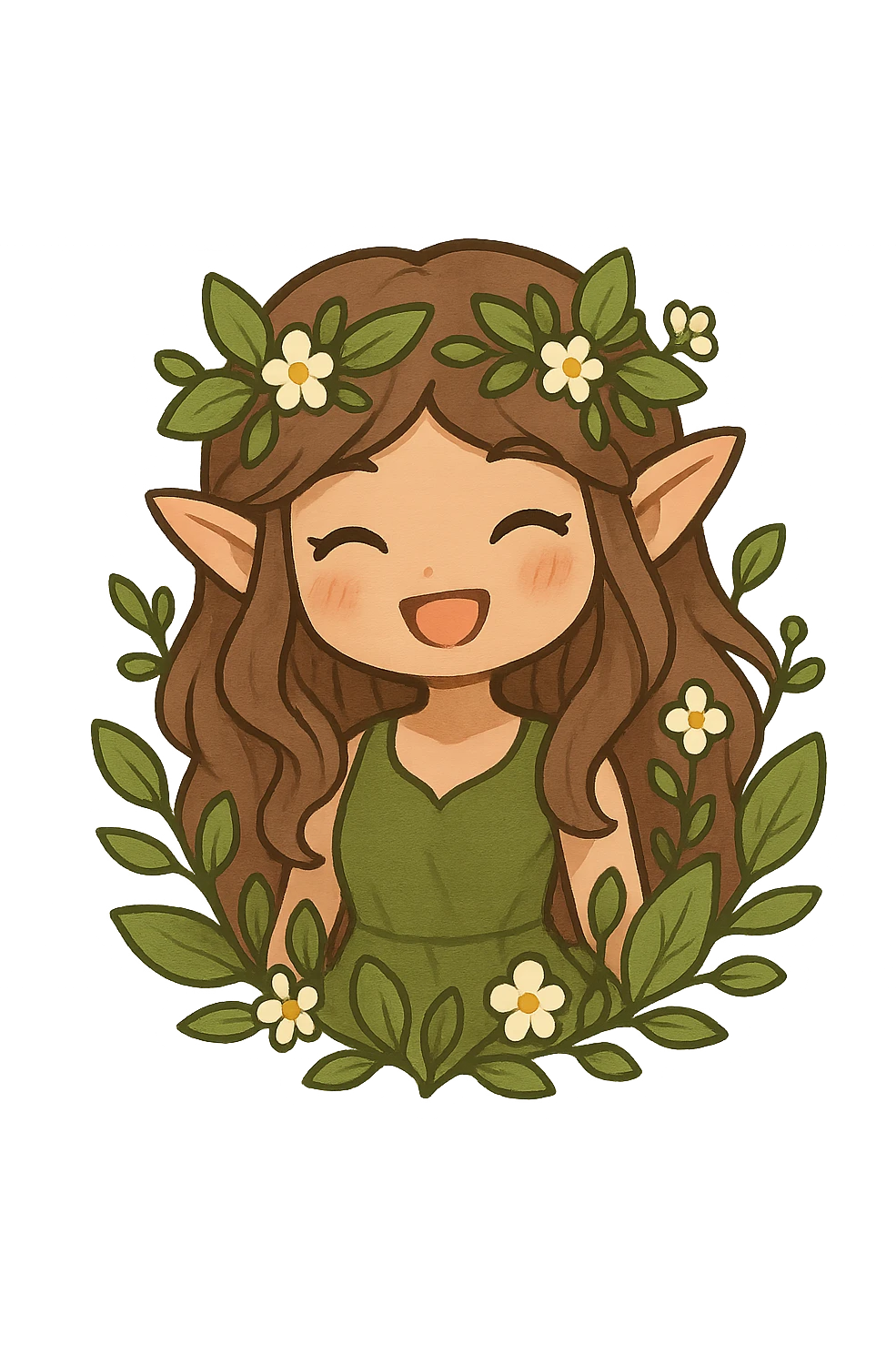 chibi forest nymph with a happy smile, surrounded by leaves and flowers, cute and whimsical emoji
