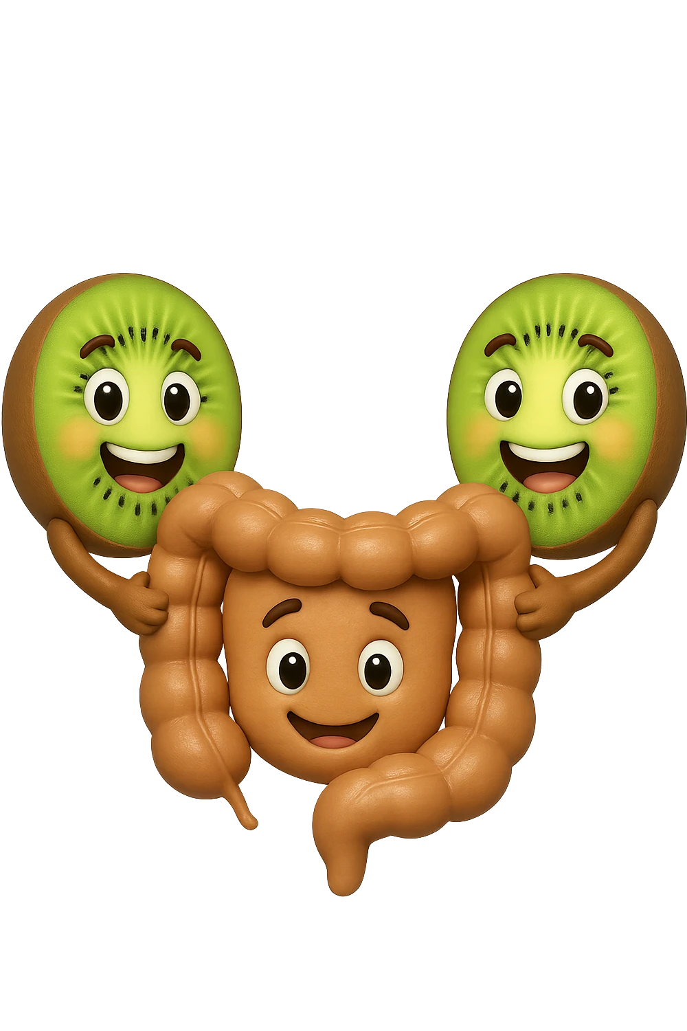 emoji stile iphone di kiwi fluttuano in aria tenendo in mano un pezzo di colon con espressione felice in volto, iperrealistico 4k emoji