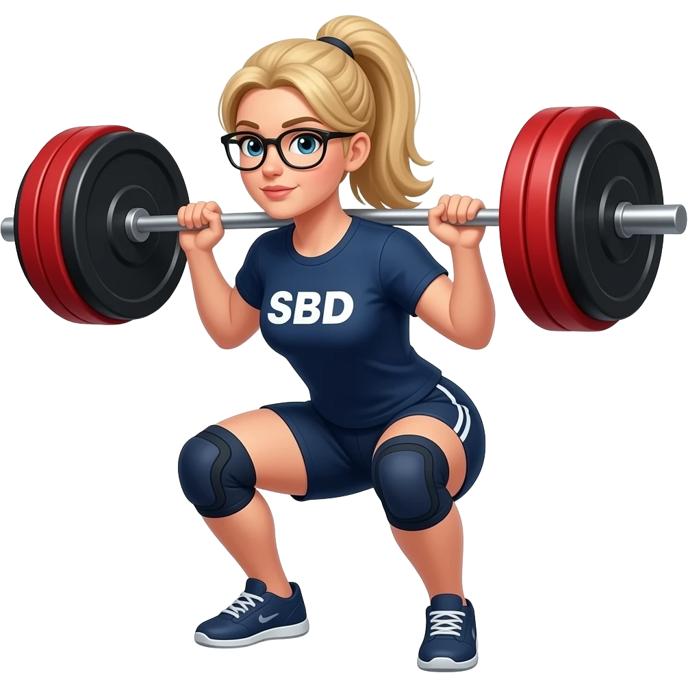 blond long hair female with glasses and pony tale doing squats with a barbell with 4 red plates and 2 black plates wearing SBD dark blue tshirt and dark blue shorts, knee sleves emoji