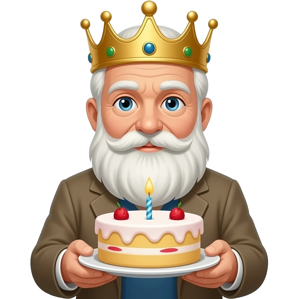 Old man with beard and crown holding a cake emoji