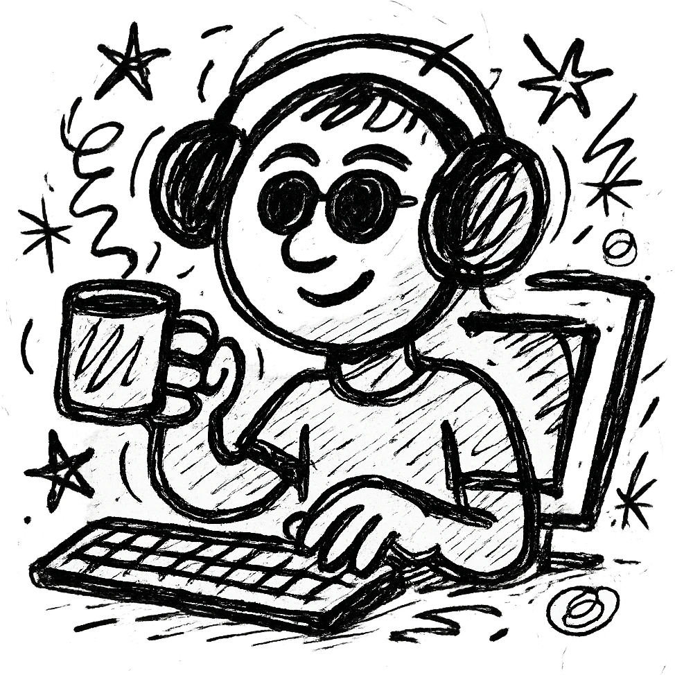 emoji ios 18, guy in headphones at computer, drinking coffee emoji