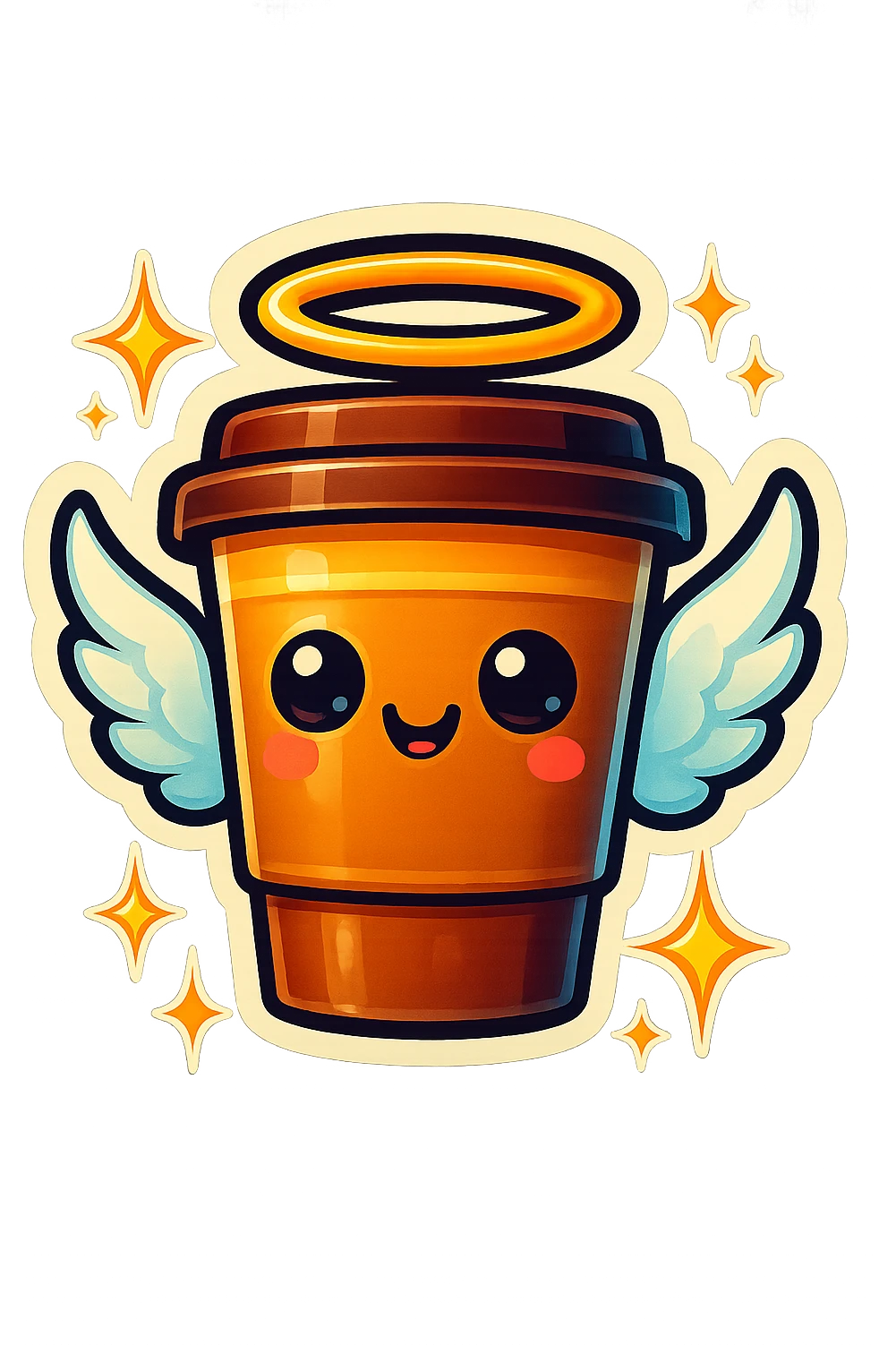 Tall coffee cup, shiney eyes, angel halo, wings, star sparkles emoji