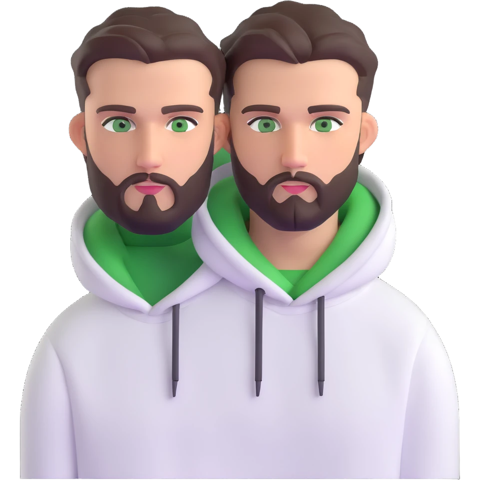 man with short full beard, dark brown undercut hairstyle, white hoodie, and green eyes emoji