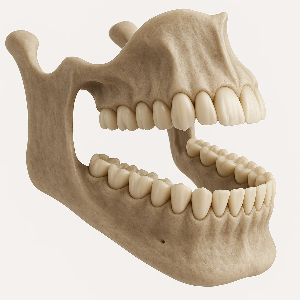 A detailed 3D model of a human jawbone, focusing on the teeth in a scientific style. emoji