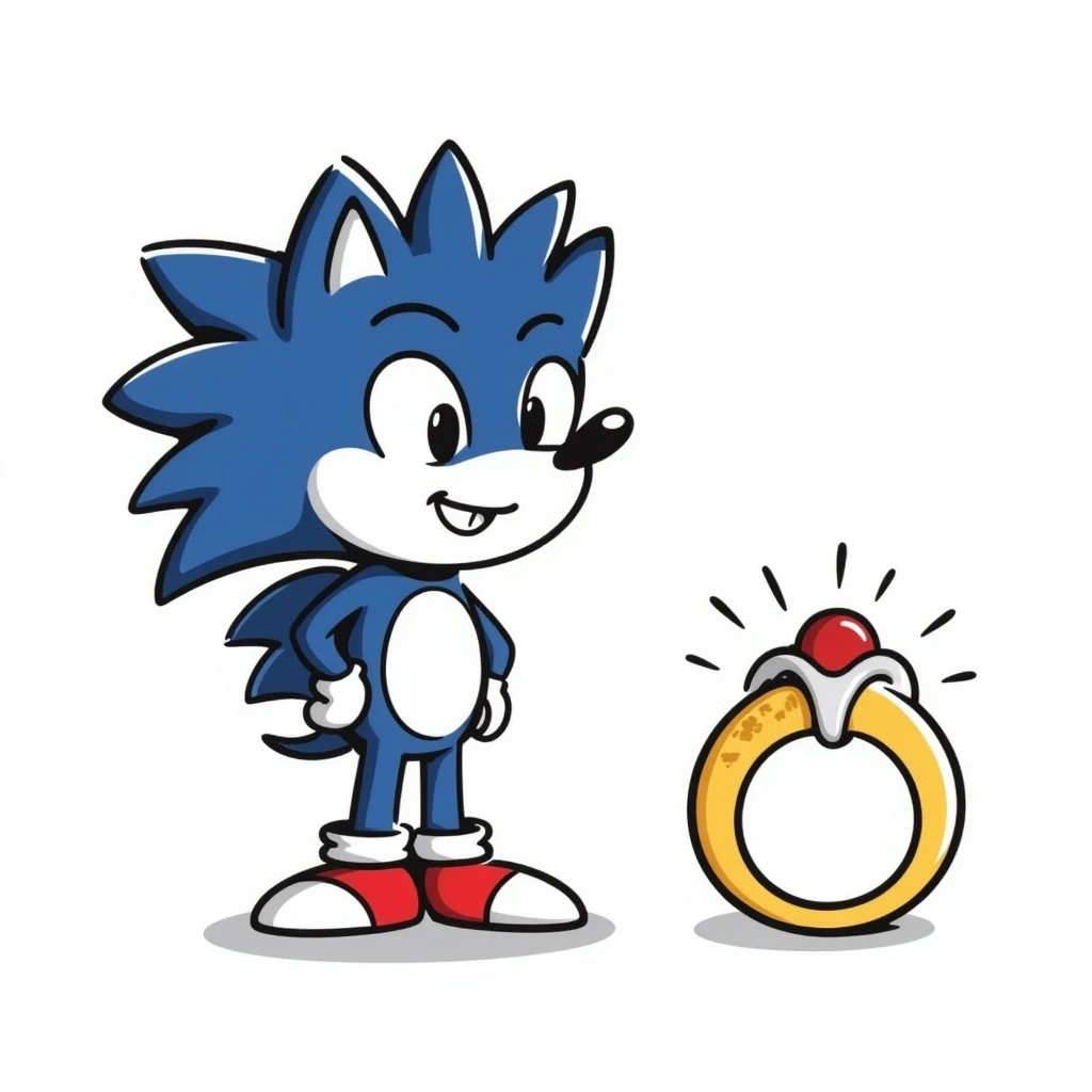 Add a hand-drawn gold ring next to Sonic, keeping the playful doodle style with sketchy lines and simple shading. emoji
