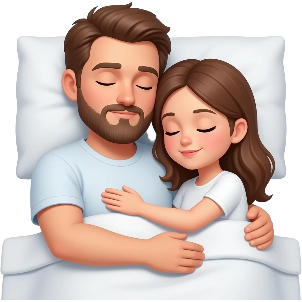 Realistic white man brown hair with beard in bed sleeping hugging white girl brown hair emoji