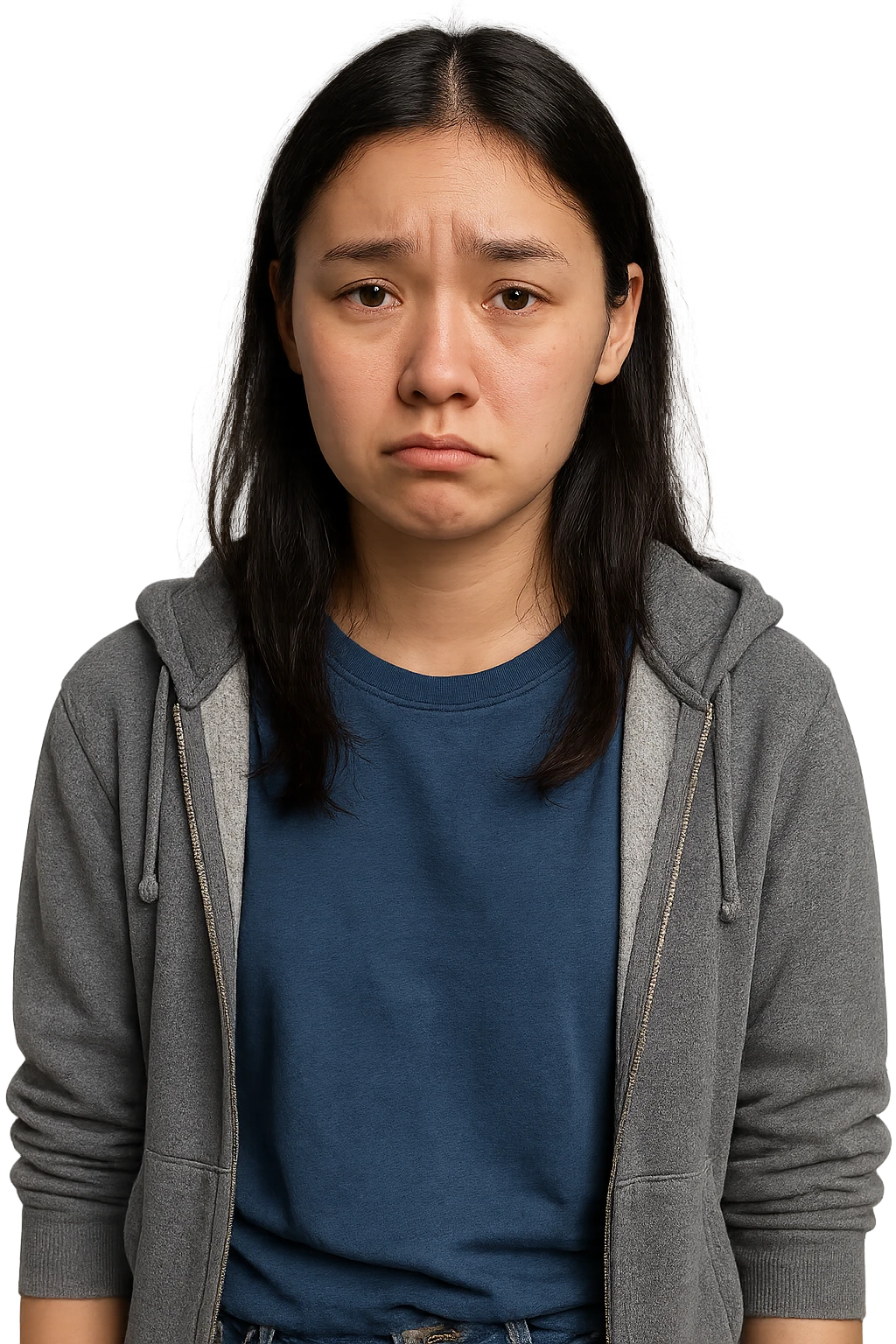 18-year-old Asian Finnish woman, sad expression, modern casual style, clear facial features, no background emoji