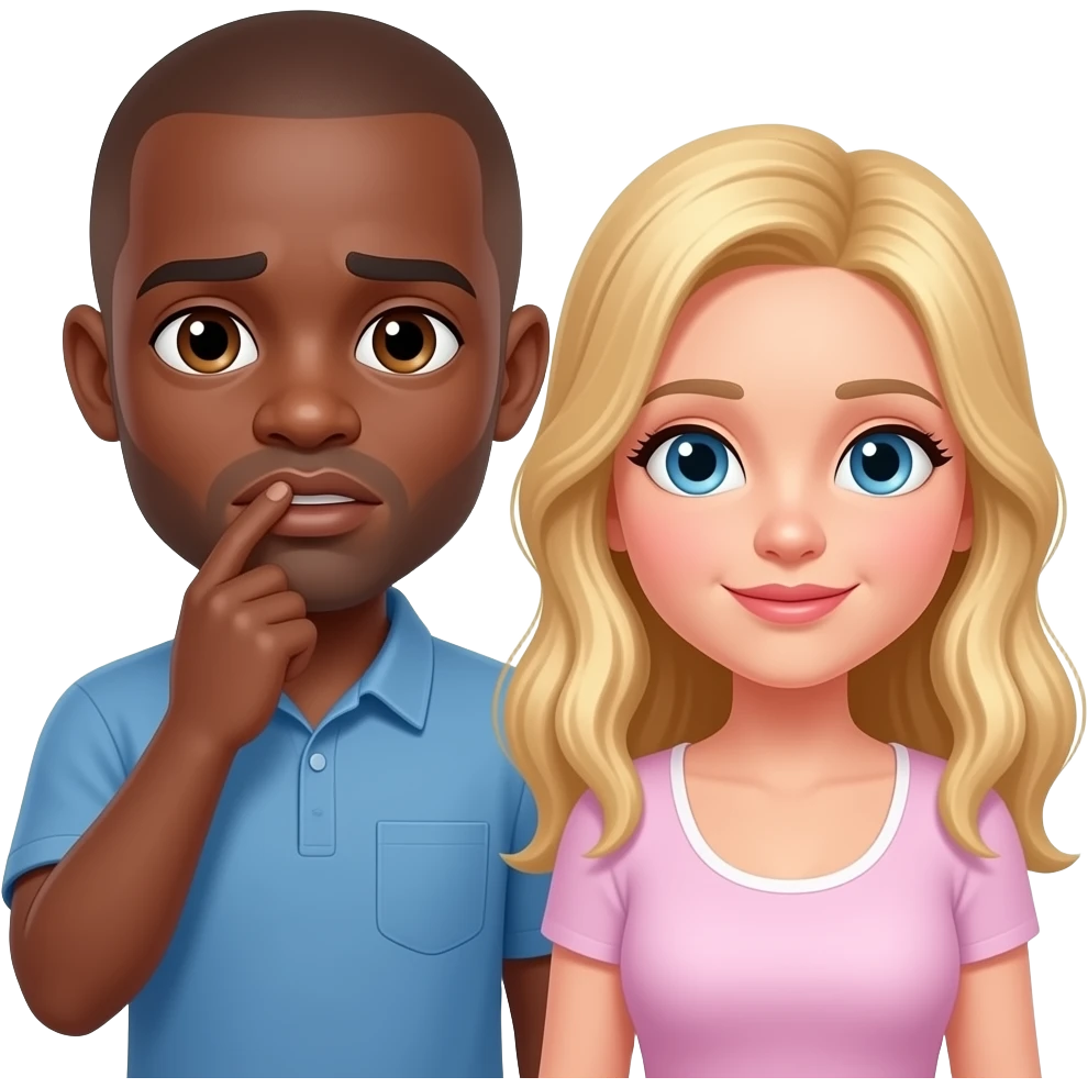 Black man with shaved head saying sorry to his blonde girlfriend emoji