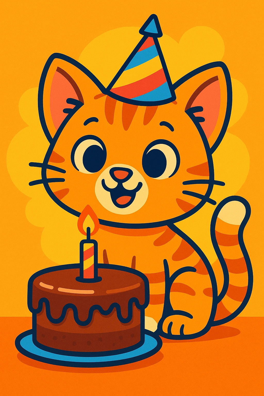 colorful cartoon style animated kitten wearing a party hat with a chocolate cake emoji