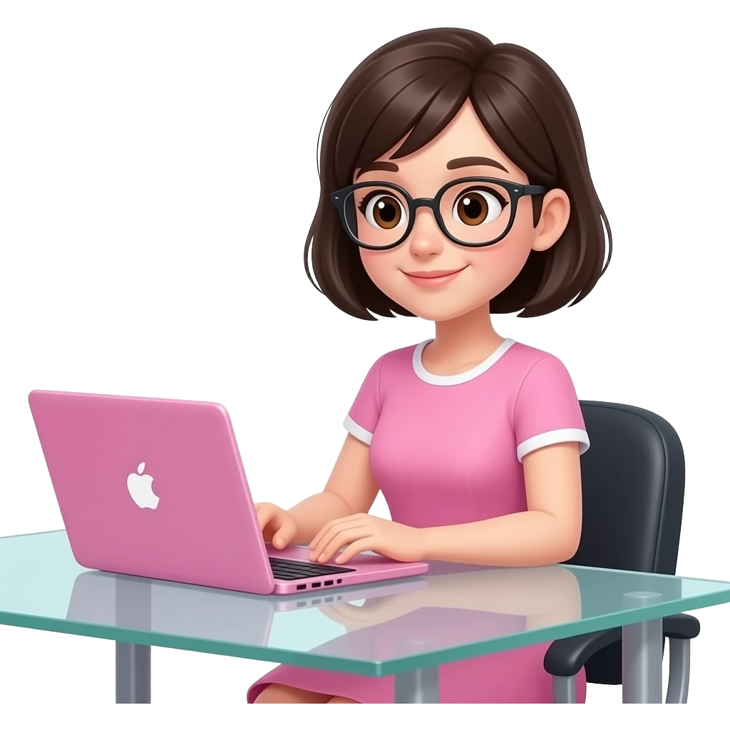chica de cabello oscuro y corto, con ojos color cafe y gafas de lectura, con vestido color rosa, sentada en un escritorio de vidrio, con una laptop iphone color rosa, viendo graficos del mercado de valores emoji