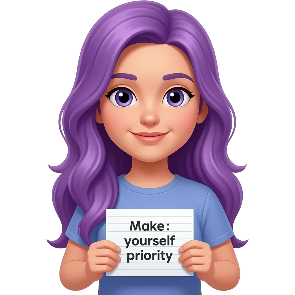 girl with long purple hair holding a REMINDER Make yourself priority sign emoji