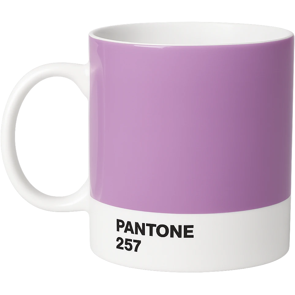 Edit the mug to have Pantone 257 color with a Pantone label. Keep the style and proportions the same as the reference image. Transparent background. emoji