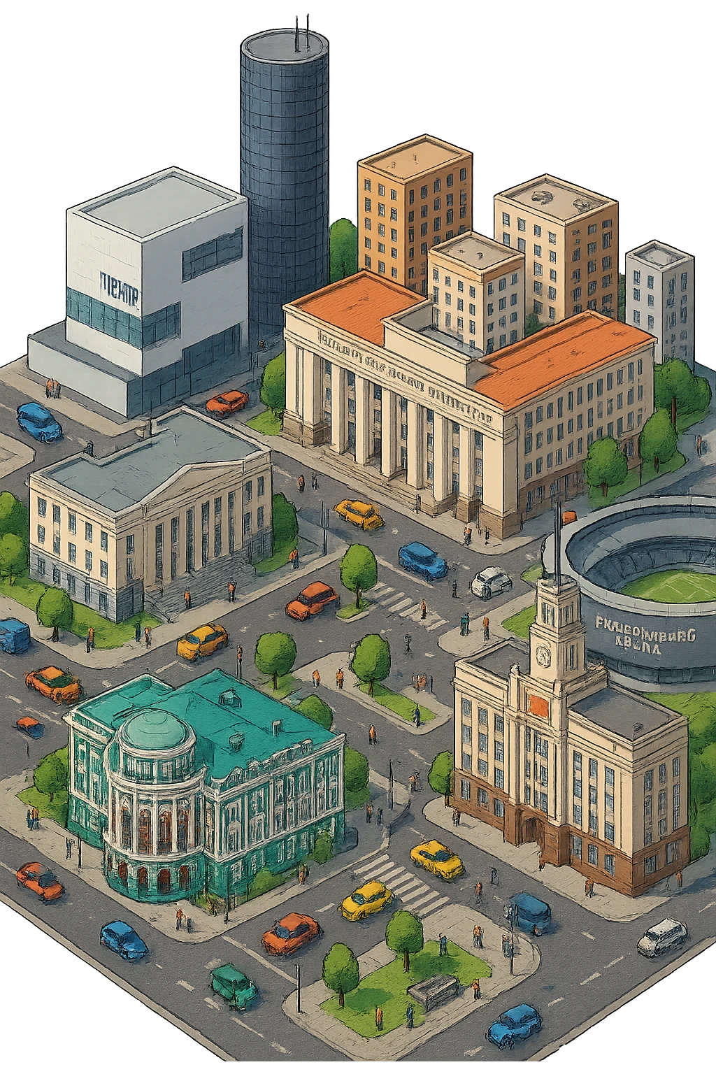 Изометричная миниатюрная фотореалистичная 3D модель Екатеринбурга - Дом Севастьянова, Ельцин-центр, Уральский федеральный университет, дома, Екатеринбург Арена, Штаб-квартира Русской медной компании, Здание Свердловского городского совета народных депутатов, четкие линии, яркие цвета, мультяшный реализм, люди, автотранспорт, компактная композиция, вид сверху в изометрии, прозрачный фон emoji