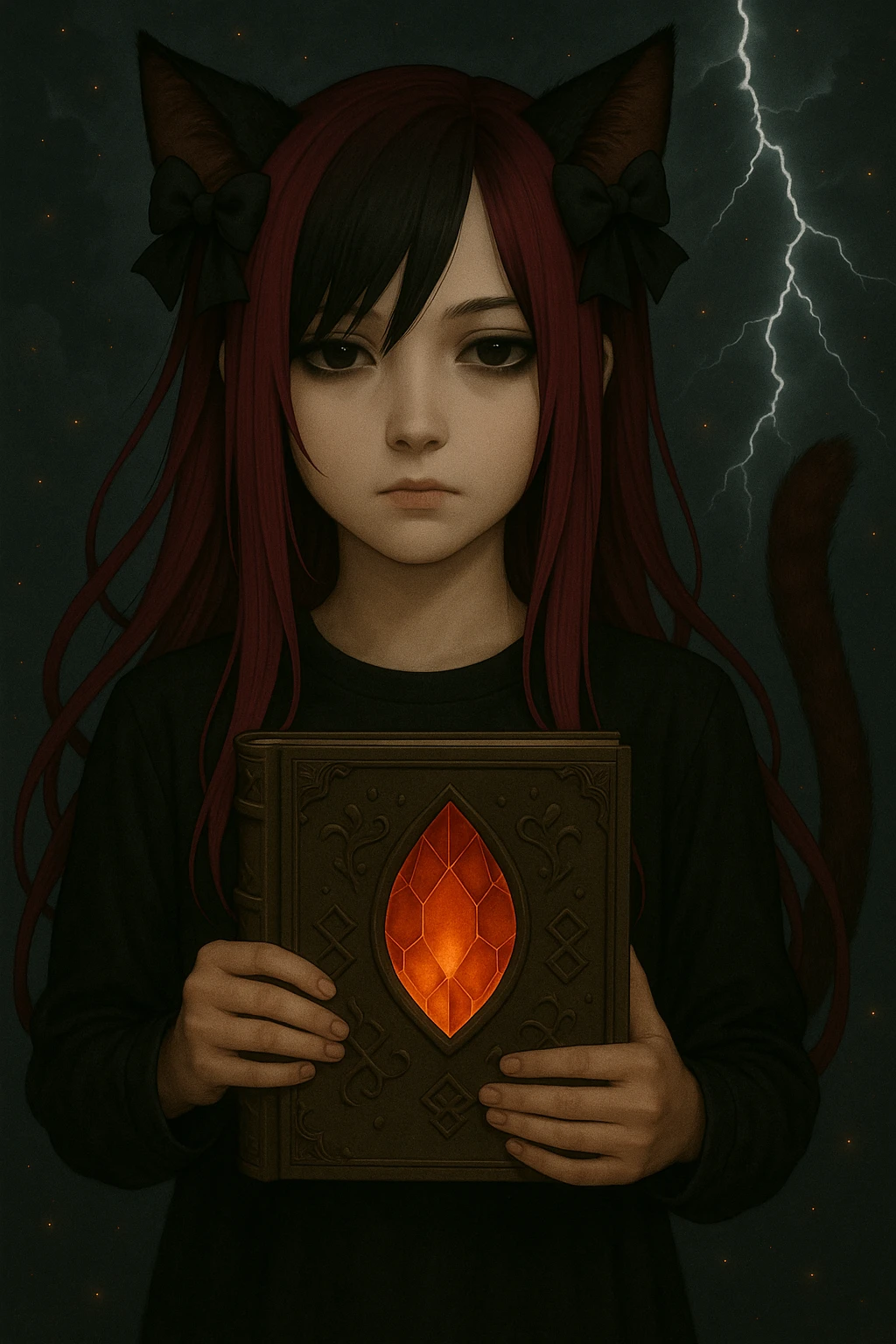 Edit the image to change the female character's facial expression to normal and relaxed, with a neutral mouth and calm eyes. Keep the emo style, pink hair, dark magical accessory, sparkles, and stormy background. Render in a realistic anime style with attention to subtle facial details and mood. emoji