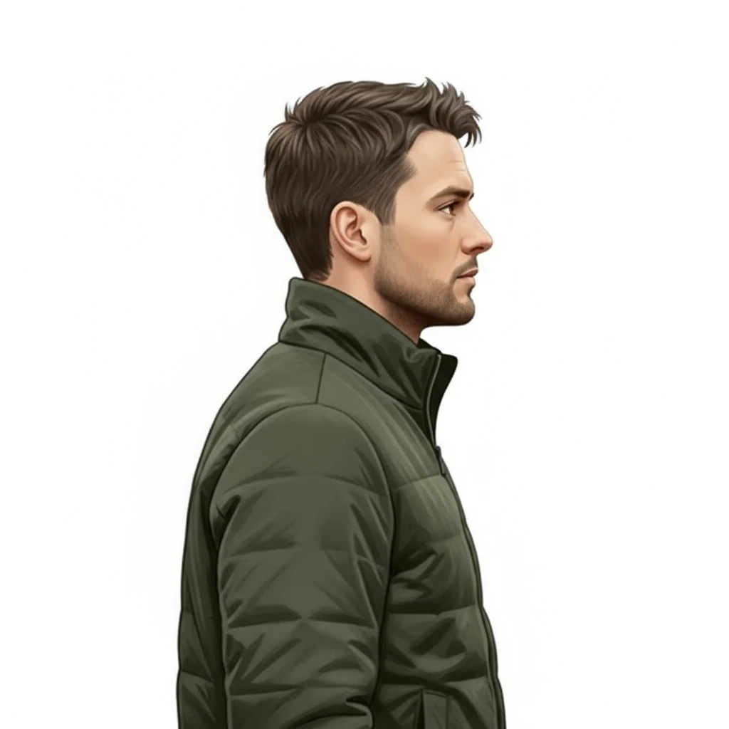 нарисуй этого человека с таким же лицом, но до пояса, он одет в куртку осеннюю и картинка строго в профиль, стиль картинки повтори точно такой же как во вложении, без фона emoji