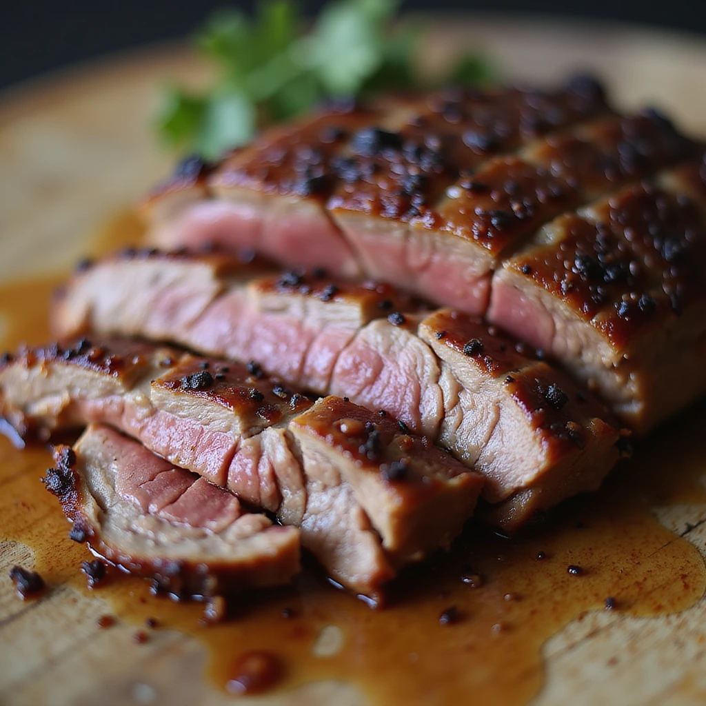 smoked beef brisket, close-up of tender slices, glistening juices, wood background, no text emoji