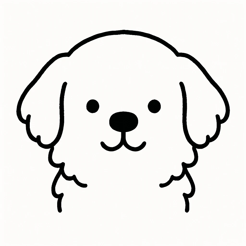 Minimalist kawaii line art of a Golden Retriever dog's head: round, fluffy head, medium floppy ears, very simple face with two dot eyes, tiny round nose, upside-down 'Y' mouth. Thick, bold, clean black lines on white background, symmetrical, calm and sweet expression. No color or shading, just black linework. Slightly hand-drawn but polished, child-friendly. emoji