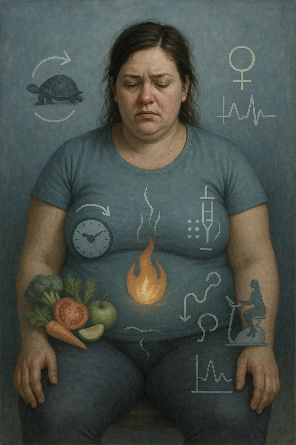 Donna tra i 25 e i 35 anni con fisico leggermente gonfio e postura affaticata, seduta con sguardo stanco. In trasparenza sul suo corpo, si vedono elementi simbolici: una fiamma metabolica molto piccola nel centro dell’addome, una tartaruga accanto a un simbolo di orologio rallentato, indicatori visivi di insulino-resistenza e squilibri ormonali. Intorno a lei: cibo sano non digerito bene, attività fisica poco efficace. Colori spenti attorno al corpo, con toni freddi e lentezza visiva. Stile realistico con elementi infografici e simbolici integrati emoji