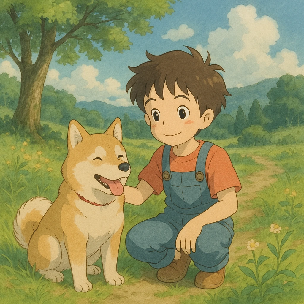 kid and his pet dog in studio ghibili style emoji