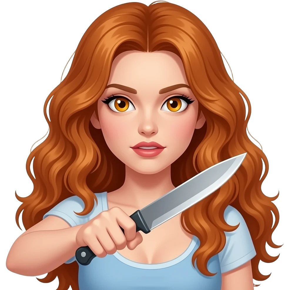 sexy girl with long curly ginger hair and ginger eyes attacks with a knife emoji