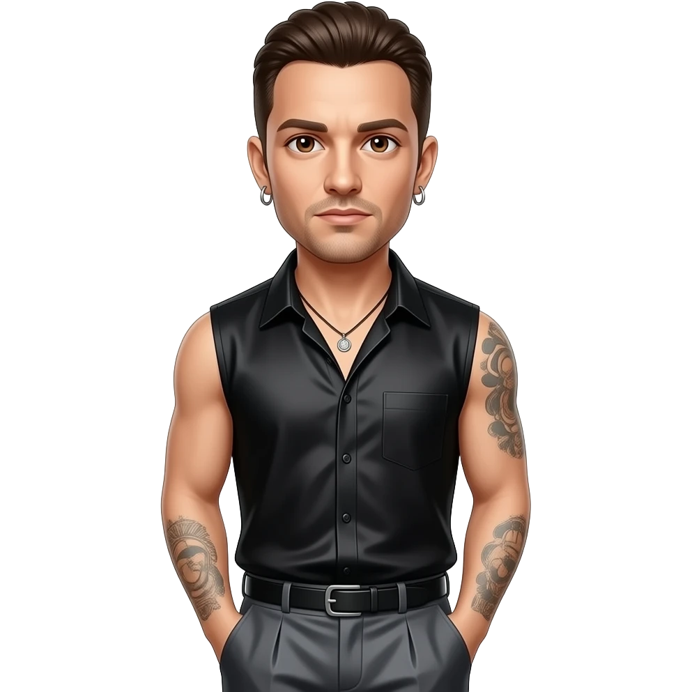 Chester Bennington with brown eyes, dark brown hair, black silk sleeveless shirt, dark gray silk baggy pants, necklace and earrings emoji