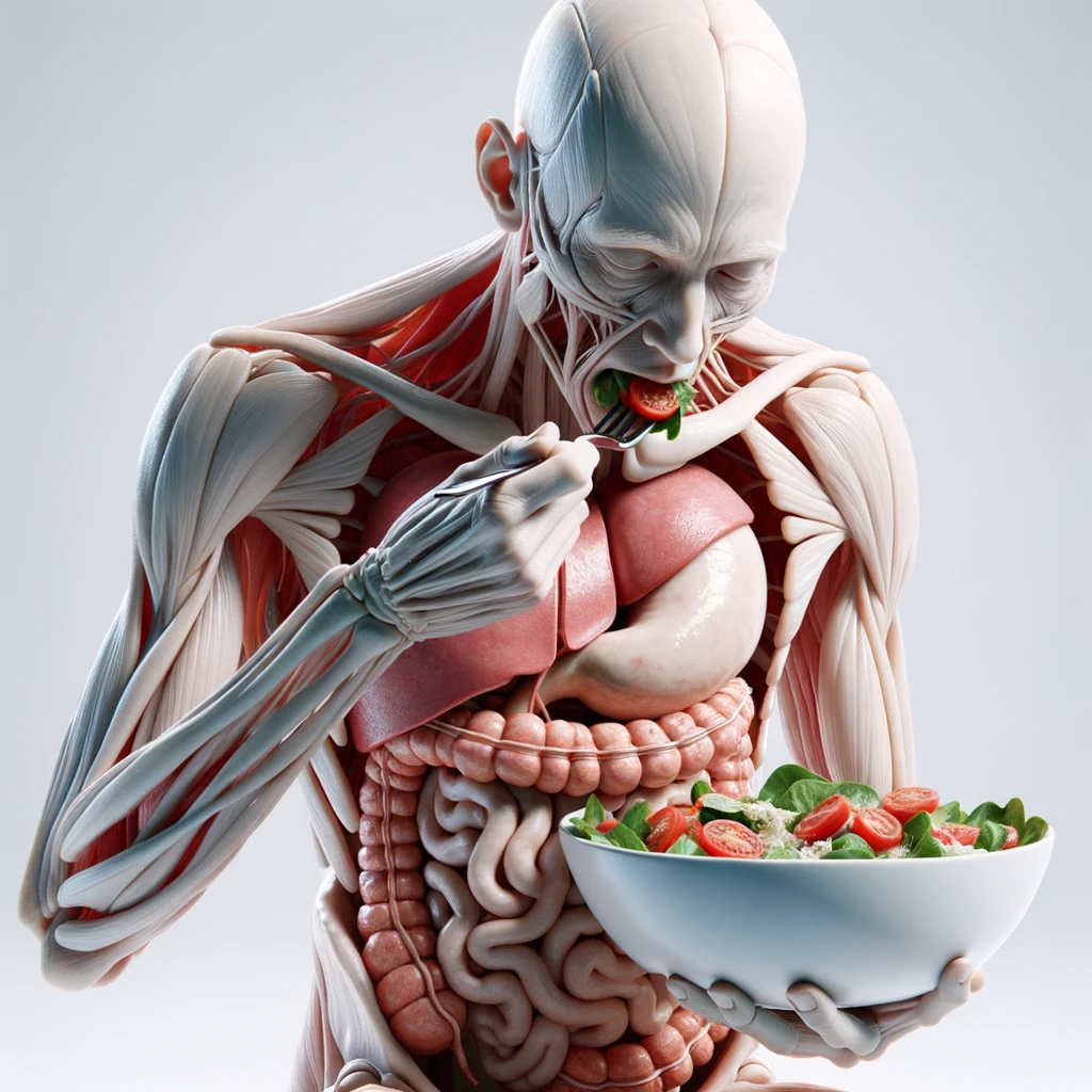 corpo umano anatomico con intestino in evidenza mentre mangia un'insalata con espressione neutra in volto, iperrealistico 4k, isolato su sfondo bianco emoji