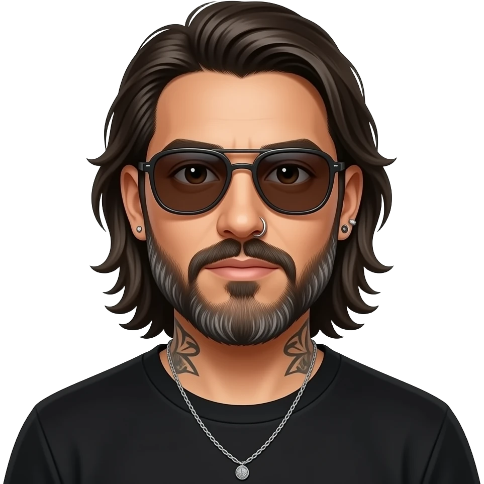 The handsome manly Latino podcast host with medium length hair, a long slightly graying beard and tattoos with his ears pierced 1 time each ear and a nose ring on the right side, dark brown eyes, wearing black, dark sunglasses, and jewelry, on drugs emoji