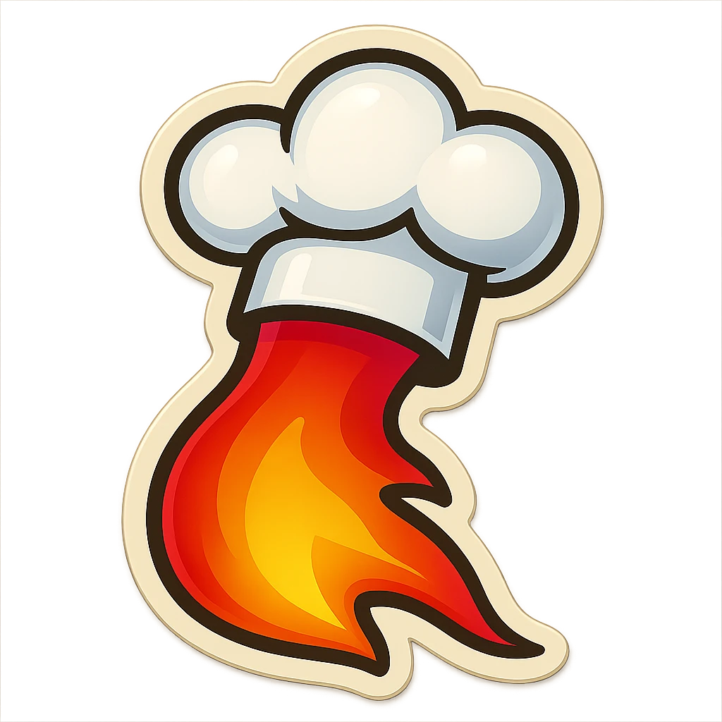 chef's hat pumping with a trail of fire emoji, playful, flame red gradient, hat is white, vibrant, flame matching style reference file emoji