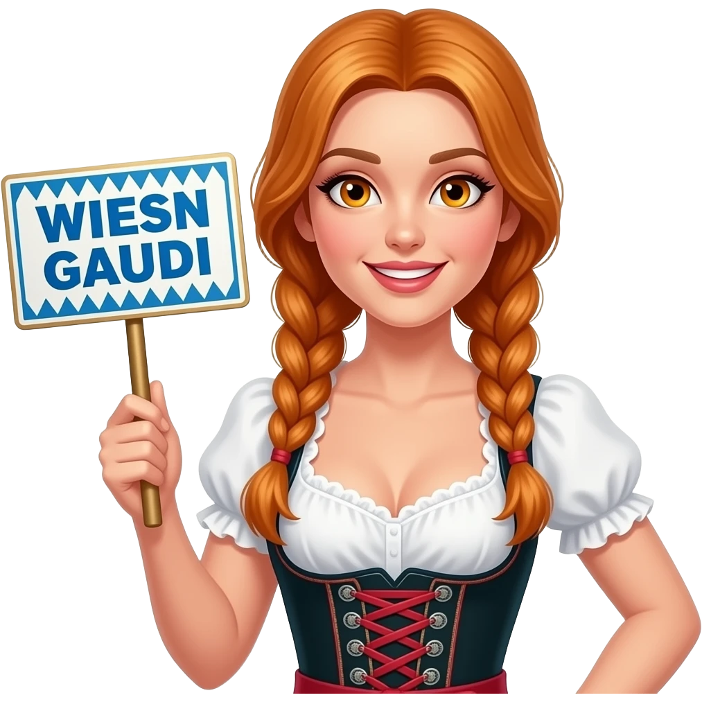 sexy girl with overlong ginger hair in braids and ginger eyes wearing a dirndl holding a WIESN GAUDI sign emoji