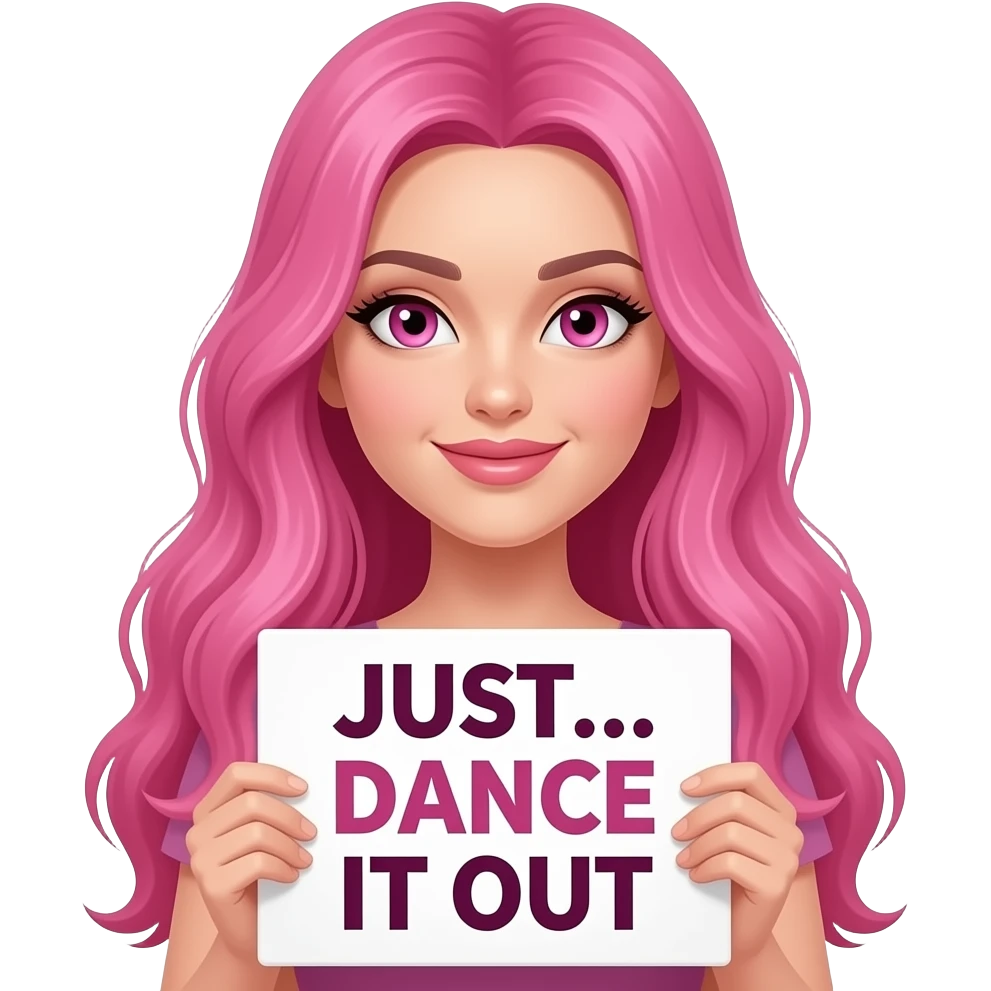 sexy girl with long pink hair and pink eyes wearing a holding a JUST... DANCE IT OUT sign emoji
