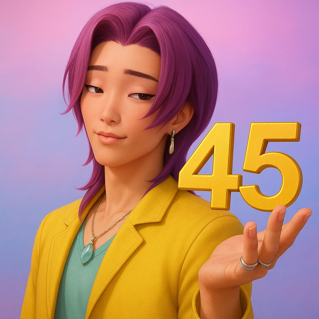Make the character hold the number 45 in their left hand, keeping the original style and pose. Only add the number 45, do not change anything else. emoji
