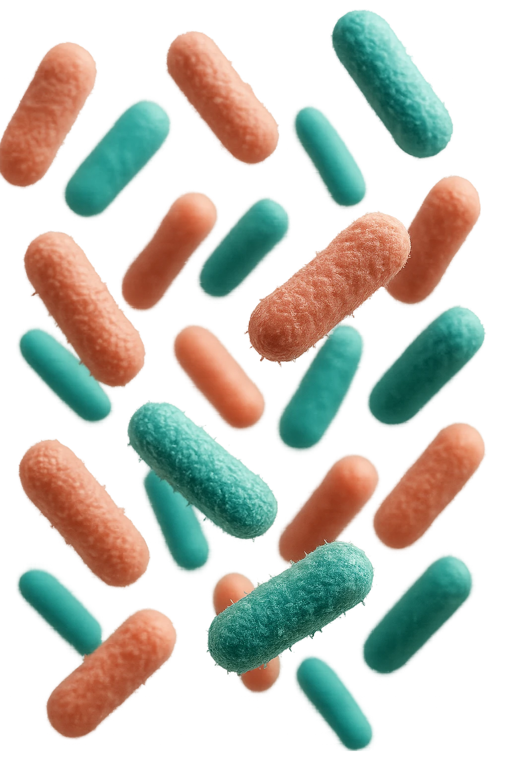 batteri intestinali rosa salmone e turchesi fluttuano in aria, iperrealistici 4k emoji