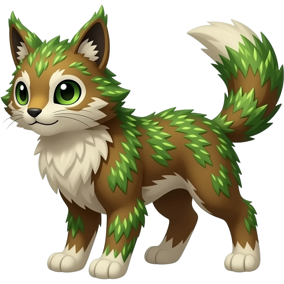 Mossy, brown-green-gradients elemental epic shiny Grass-type Lynx-Fakémon-creature. full body emoji