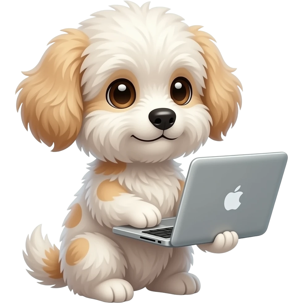 Very small fluffy dog holding laptap, crop face for profile, look front, no body emoji