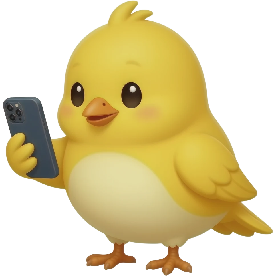 lovable small yellow bird looking at a phone. the image must be a transparent .png emoji