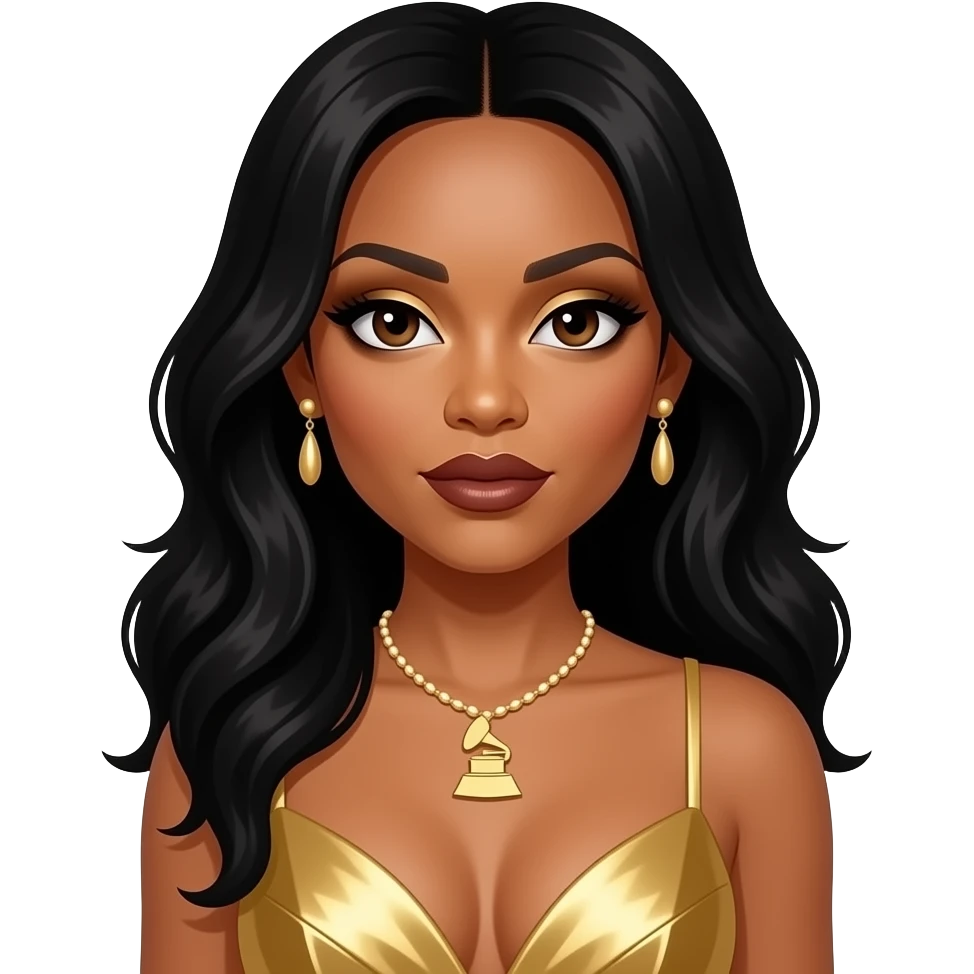 Kelly Rowland from Destiny's Child with brown eyes, black hair, gold eyeshadow, dark brown lipstick, gold grammy dress, necklace and earrings emoji