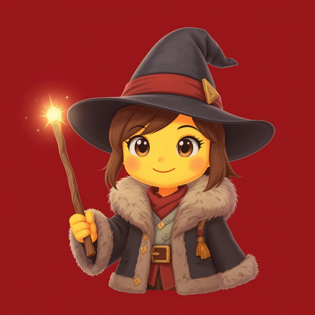 An animated emoji of a person wearing a hat and fur coat, holding a wand, with a red background emoji