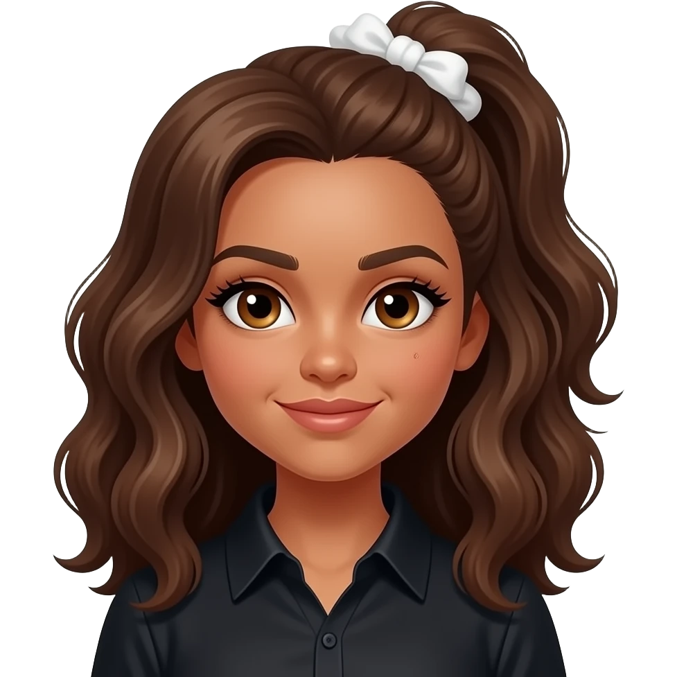 ggirl with bright brown hair, wavy, all held together with a white scrunchie, dark-golden-brown skin, big brown eyes, long lashes, thick dark eyebrows, a single dimple on her left cheek, vampire shirt. emoji