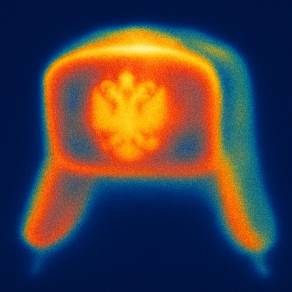 Russian hat ushank with the small coat of arms of Russia, with background, thermal camera style emoji