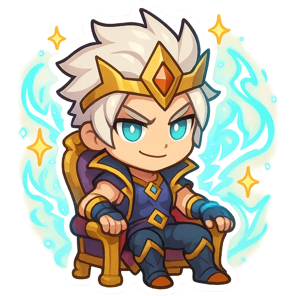 Viego in Soul Fighter skin, chibi emoji style, sitting on a king's chair, with stylized Soul Fighter effects, sparkles and glowing energy, cute and powerful look emoji