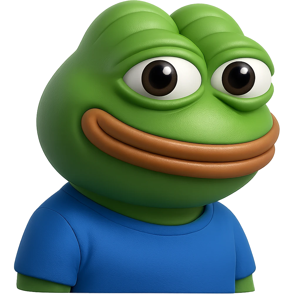 pepe in
- 3d style
- bright green
- blue shirt
- smiling
- looking straight at the camera
- good highlights and shadows
- 30deg angled towards the right
- 20% inset padding
- nice rounded cut off at the bottom emoji