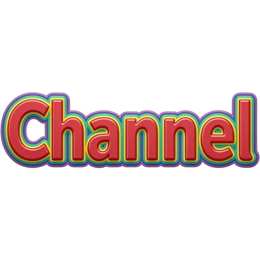 name "Channel" in raspberry red 3D style typography lettering, each color of the rainbow as a border outlined around each letter, isolated, 3d rendering, no emoji icons no emoji faces and must have no human figures emoji