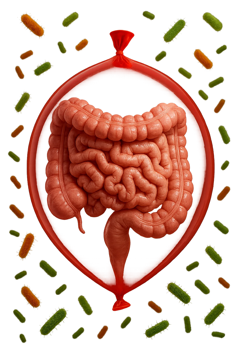 intestino umano anatomico chiuso in un palloncino rosso con batteri intestinali che fluttuano intorno, iperrealistico 4k emoji