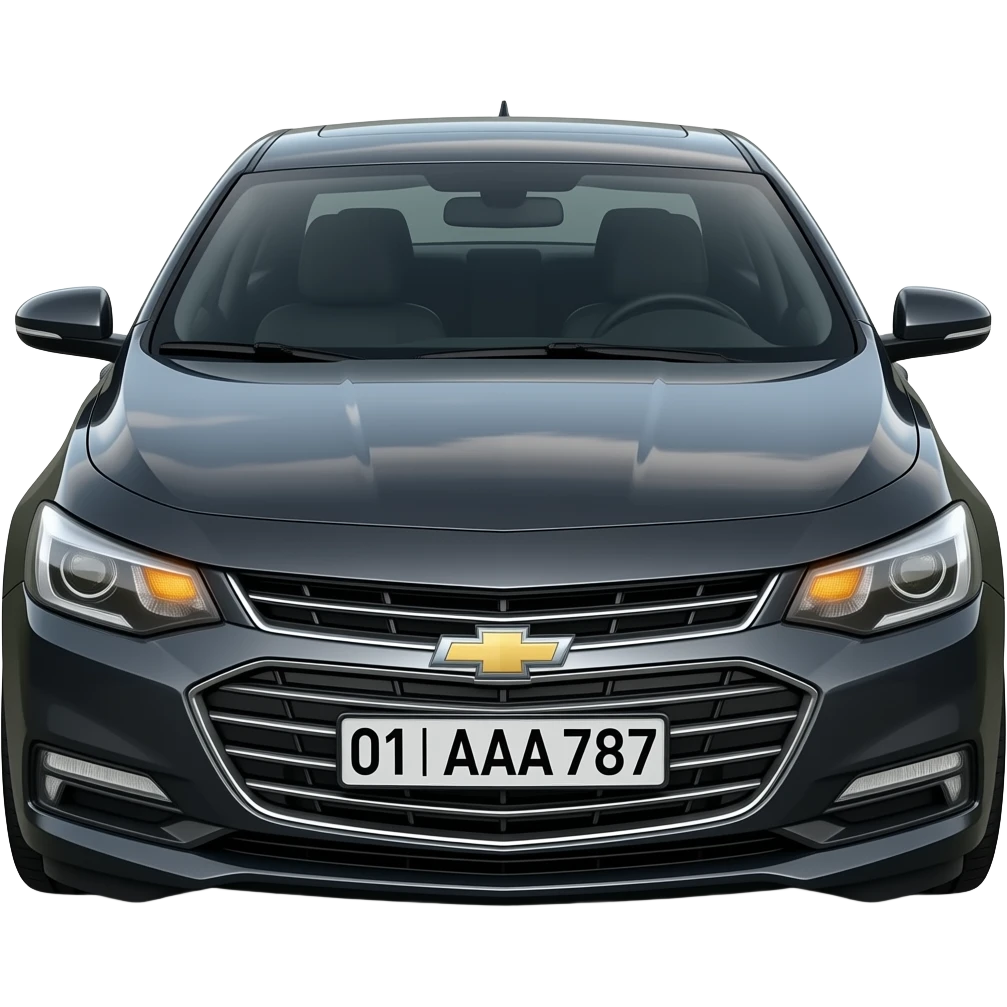 A realistic icon emoji of a metallic black sedan Chevrolet Malibu 2.0L Turbo Premier, dark charcoal tint windows, black alloy 5-spoke rims, Dynamic amber glow LED headlights with sharp laser-beam effect, uzbekistan region number texts "01 | AAA 787" in plate emoji