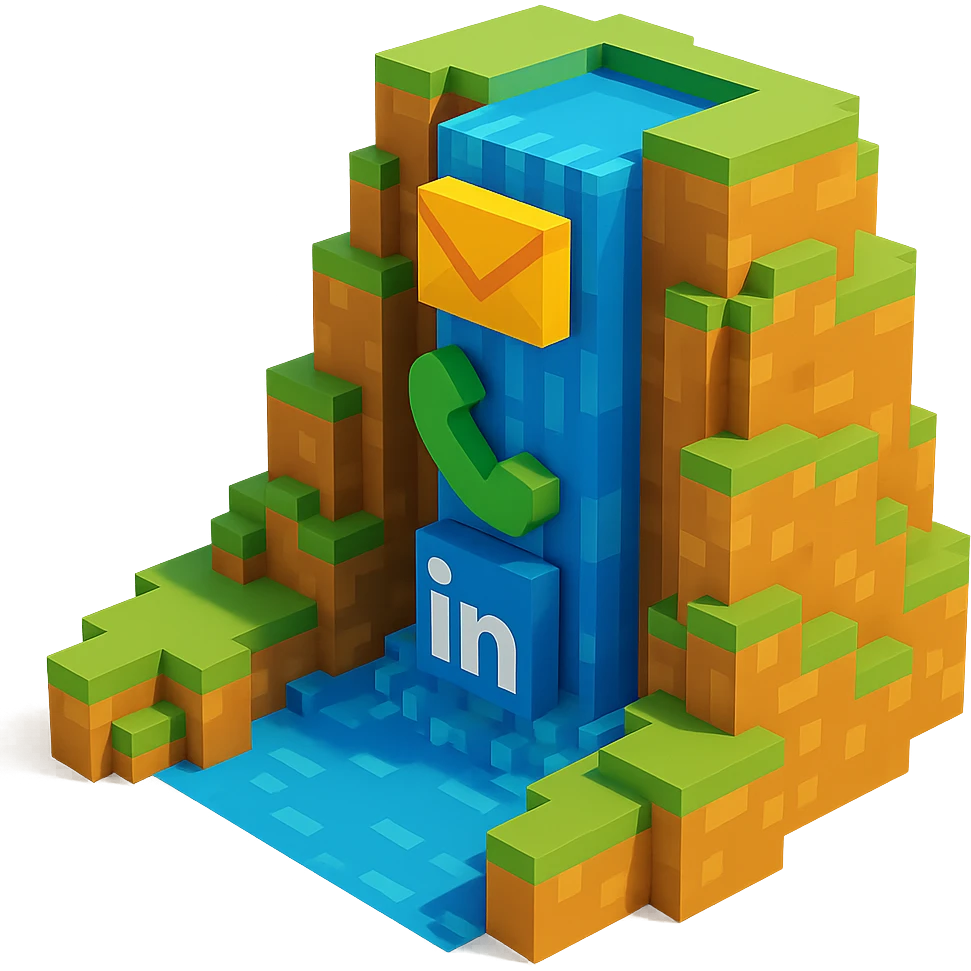 waterfall where instead of water icons of email envelope, phone headset and linkedin logo is falling emoji