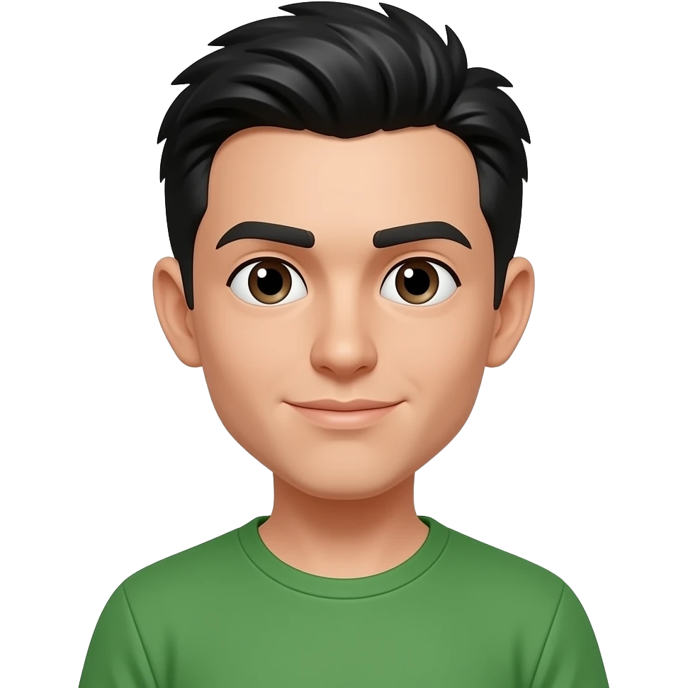 A character with short black hair, wearing a green t-shirt, bare ears, no jewelry, no earrings. emoji
