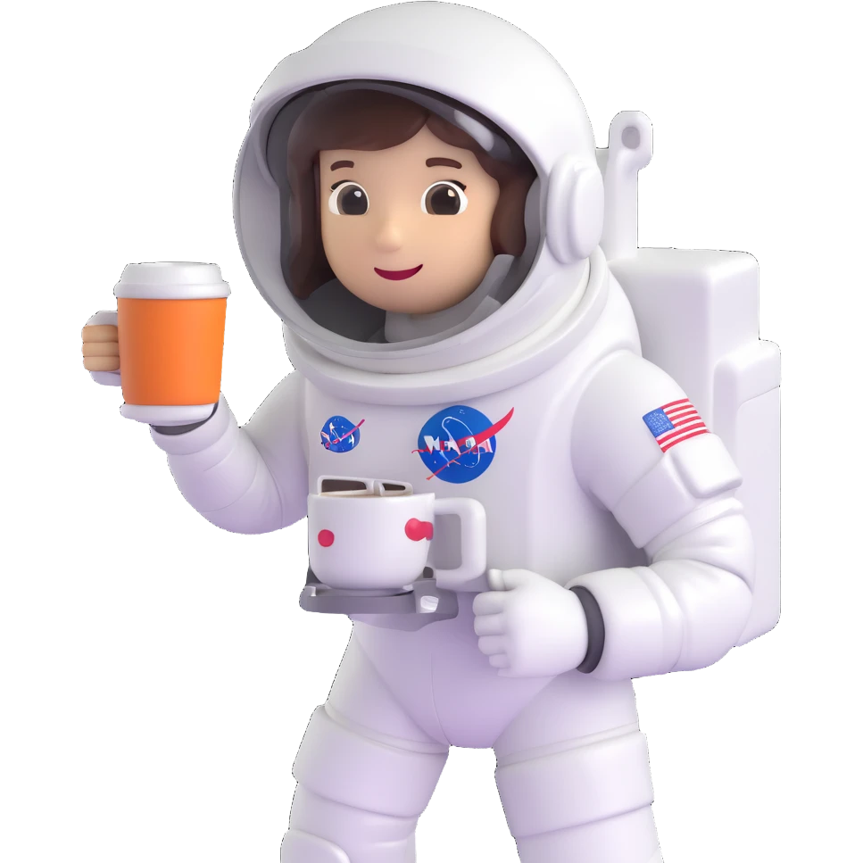 cheerful cartoon astronaut holding a coffee cup emoji