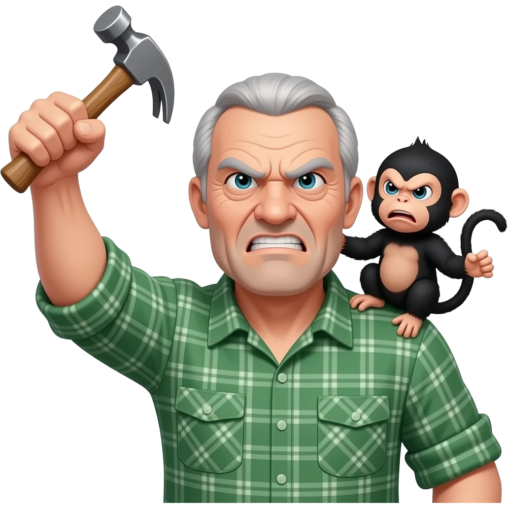 grumpy angry old man wearing a plaid shirt with with thinning grey hair andf no beard or mustache shaking his fist at the sky with a hammer in his left hand and an angry baby monkey on his shoulder emoji